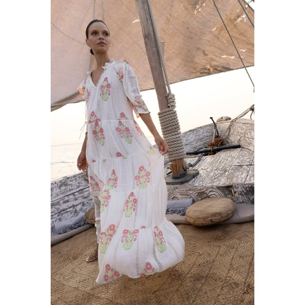 Oliphant Pintuck Ruffle Maxi Dress in Algarve Pink S